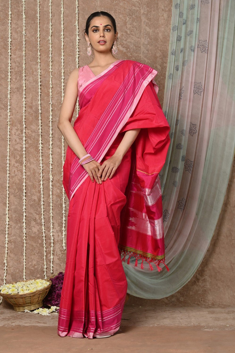 Tyohaar Handloom Cotton Viscose Ilkal Saree with Pure Resham Pallu - Bright Red with Pink Border - verymuchindian.com