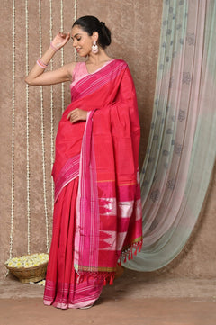 Tyohaar Handloom Cotton Viscose Ilkal Saree with Pure Resham Pallu - Bright Red with Pink Border - verymuchindian.com