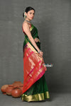 Tyohaar ~ Handloom Pure Chanderi Cotton Silk Saree With Golden Border - Green - verymuchindian.com