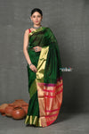 Tyohaar ~ Handloom Pure Chanderi Cotton Silk Saree With Golden Border - Green - verymuchindian.com