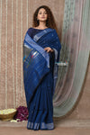 Tyohaar ~ Handloom Pure Cotton Paithani Saree with Traditional Peacock Pallu ~ Indigo Blue - verymuchindian.com