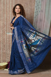 Tyohaar ~ Handloom Pure Cotton Paithani Saree with Traditional Peacock Pallu ~ Indigo Blue - verymuchindian.com