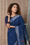 Tyohaar ~ Handloom Pure Cotton Paithani Saree with Traditional Peacock Pallu ~ Indigo Blue - verymuchindian.com