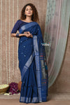 Tyohaar ~ Handloom Pure Cotton Paithani Saree with Traditional Peacock Pallu ~ Indigo Blue - verymuchindian.com