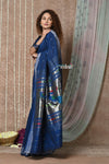 Tyohaar ~ Handloom Pure Cotton Paithani Saree with Traditional Peacock Pallu ~ Indigo Blue - verymuchindian.com