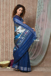 Tyohaar ~ Handloom Pure Cotton Paithani Saree with Traditional Peacock Pallu ~ Indigo Blue - verymuchindian.com