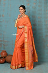 Tyohaar ~ Handloom Pure Cotton Paithani With Asawali Pallu ~ Serene Orange - verymuchindian.com