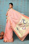Tyohaar ~ Handloom Pure Cotton Paithani With Instrumental Pallu ~ Peach - verymuchindian.com