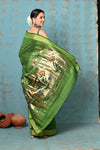 Tyohaar ~ Handloom Pure Cotton Paithani With Lotus Pallu ~ Leaf Green - verymuchindian.com