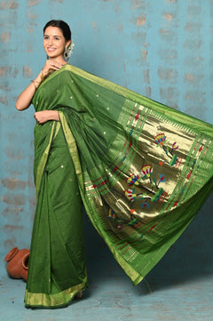 Tyohaar ~ Handloom Pure Cotton Paithani With Lotus Pallu ~ Leaf Green - verymuchindian.com