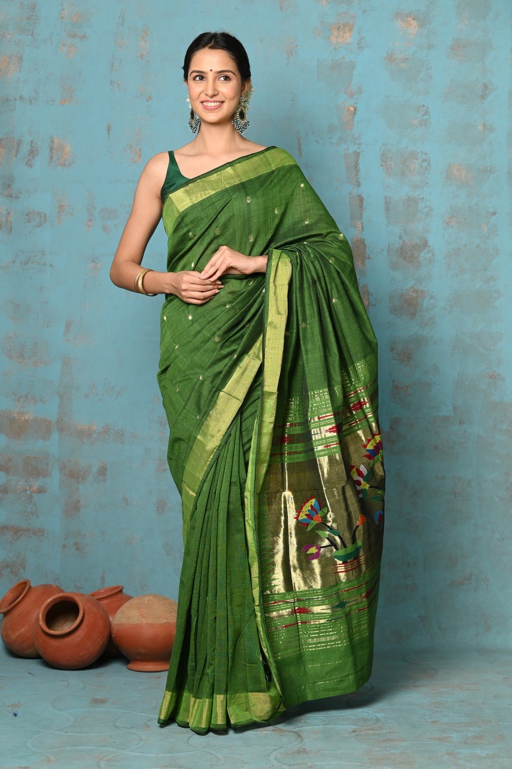 Tyohaar ~ Handloom Pure Cotton Paithani With Lotus Pallu ~ Leaf Green - verymuchindian.com