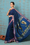 Tyohaar ~ Handloom Pure Cotton Paithani With Nath Pallu ~ Indigo Blue - verymuchindian.com