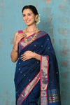 Tyohaar ~ Handloom Pure Cotton Paithani With Nath Pallu ~ Indigo Blue - verymuchindian.com