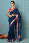 Tyohaar ~ Handloom Pure Cotton Paithani With Nath Pallu ~ Indigo Blue - verymuchindian.com
