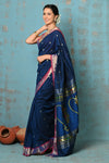 Tyohaar ~ Handloom Pure Cotton Paithani With Nath Pallu ~ Indigo Blue - verymuchindian.com