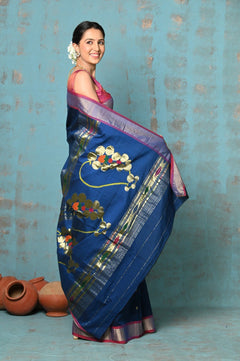 Tyohaar ~ Handloom Pure Cotton Paithani With Nath Pallu ~ Indigo Blue - verymuchindian.com