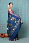 Tyohaar ~ Handloom Pure Cotton Paithani With Nath Pallu ~ Indigo Blue - verymuchindian.com