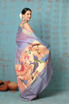 Tyohaar ~ Handloom Pure Cotton Paithani With Parrot Peacock Pallu~ Dual Tone Sky Blue & Purple - verymuchindian.com