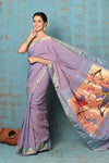 Tyohaar ~ Handloom Pure Cotton Paithani With Parrot Peacock Pallu~ Dual Tone Sky Blue & Purple - verymuchindian.com