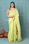 Tyohaar ~ Handloom Pure Cotton Paithani With Parrot Peacock Pallu~ Lime Green - verymuchindian.com
