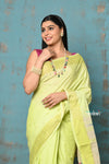 Tyohaar ~ Handloom Pure Cotton Paithani With Parrot Peacock Pallu~ Lime Green - verymuchindian.com