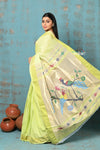 Tyohaar ~ Handloom Pure Cotton Paithani With Parrot Peacock Pallu~ Lime Green - verymuchindian.com