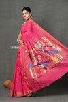 Tyohaar ~ Handloom Pure Cotton Paithani With Peacock Pallu~ Fresh Pink - verymuchindian.com