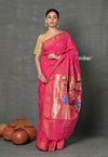 Tyohaar ~ Handloom Pure Cotton Paithani With Peacock Pallu~ Fresh Pink - verymuchindian.com