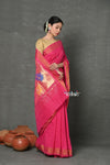 Tyohaar ~ Handloom Pure Cotton Paithani With Peacock Pallu~ Fresh Pink - verymuchindian.com