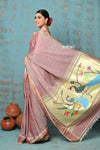 Tyohaar ~ Handloom Pure Cotton Paithani With Peacock Pallu ~ Rose Gold - verymuchindian.com