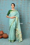 Tyohaar ~ Handloom Pure Cotton Paithani With Revival Asawali Pallu ~ Sea Blue - verymuchindian.com