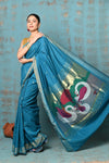 Tyohaar ~ Handloom Pure Cotton Paithani With Swan Pallu ~ Carolina Blue - verymuchindian.com