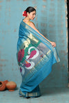 Tyohaar ~ Handloom Pure Cotton Paithani With Swan Pallu ~ Carolina Blue - verymuchindian.com