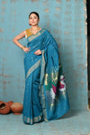 Tyohaar ~ Handloom Pure Cotton Paithani With Swan Pallu ~ Carolina Blue - verymuchindian.com