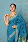 Tyohaar ~ Handloom Pure Cotton Paithani With Swan Pallu ~ Carolina Blue - verymuchindian.com