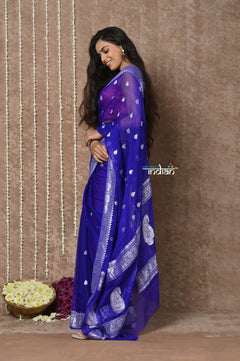 Tyohaar ~ Handloom Pure Khaddi Georgette Saree With Sleek Border ~ Royal Blue (Silk Mark) - verymuchindian.com