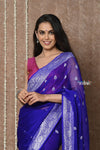 Tyohaar ~ Handloom Pure Khaddi Georgette Saree With Sleek Border ~ Royal Blue (Silk Mark) - verymuchindian.com