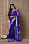 Tyohaar ~ Handloom Pure Khaddi Georgette Saree With Sleek Border ~ Royal Blue (Silk Mark) - verymuchindian.com