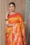 Tyohaar ~ Handloom Pure Silk Half Over Paithani Saree with Handcrafted Floral Pallu ~ Bright Orange - verymuchindian.com