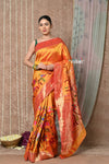 Tyohaar ~ Handloom Pure Silk Half Over Paithani Saree with Handcrafted Floral Pallu ~ Bright Orange - verymuchindian.com