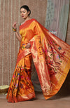 Tyohaar ~ Handloom Pure Silk Half Over Paithani Saree with Handcrafted Floral Pallu ~ Bright Orange - verymuchindian.com
