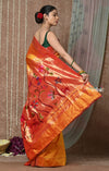 Tyohaar ~ Handloom Pure Silk Half Over Paithani Saree with Handcrafted Floral Pallu ~ Bright Orange - verymuchindian.com