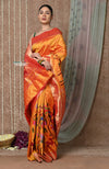 Tyohaar ~ Handloom Pure Silk Half Over Paithani Saree with Handcrafted Floral Pallu ~ Bright Orange - verymuchindian.com