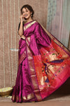 Tyohaar ~ Handloom Pure Silk Maharani Paithani Saree with Handcrafted Peacock Floral Pallu ~ Blooming Wine - verymuchindian.com