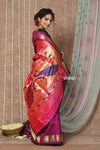 Tyohaar ~ Handloom Pure Silk Maharani Paithani Saree with Handcrafted Peacock Floral Pallu ~ Blooming Wine - verymuchindian.com