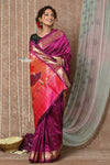Tyohaar ~ Handloom Pure Silk Maharani Paithani Saree with Handcrafted Peacock Floral Pallu ~ Blooming Wine - verymuchindian.com