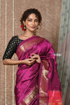 Tyohaar ~ Handloom Pure Silk Maharani Paithani Saree with Handcrafted Peacock Floral Pallu ~ Blooming Wine - verymuchindian.com