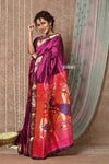 Tyohaar ~ Handloom Pure Silk Maharani Paithani Saree with Handcrafted Peacock Floral Pallu ~ Blooming Wine - verymuchindian.com