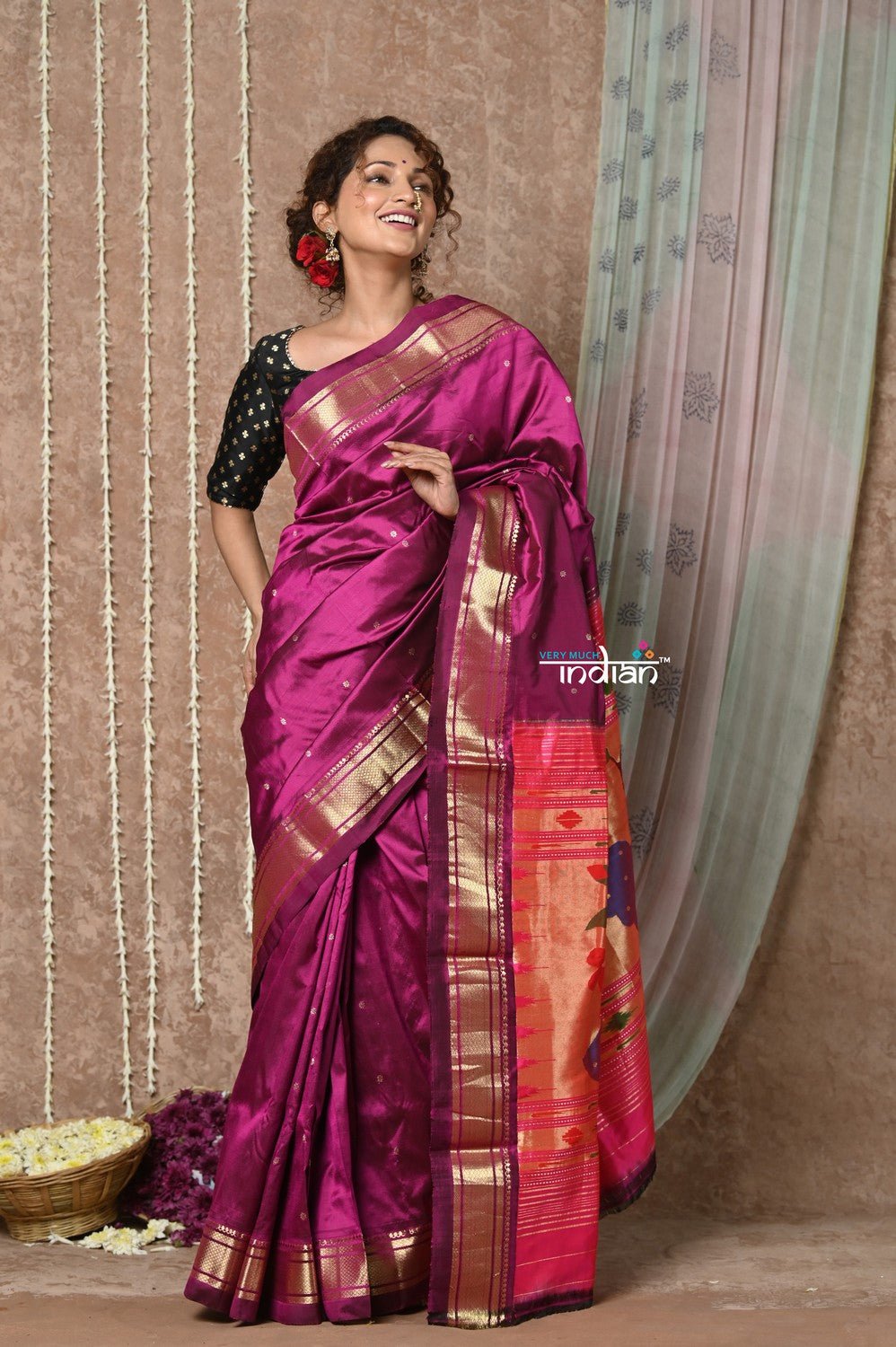 Tyohaar ~ Handloom Pure Silk Maharani Paithani Saree with Handcrafted Peacock Floral Pallu ~ Blooming Wine - verymuchindian.com