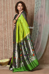 Tyohaar ~ Handloom Pure Silk Muniya Border Paithani Saree with Handcrafted Lotus Asawali Pallu ~ Dual Tone Leaf Green - verymuchindian.com